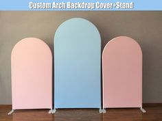 three pink and blue privacy screens are next to each other on a wooden floor with the text custom arch backdrop cover stand