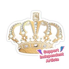 a gold crown with pearls on it and the words support independent artists written in red