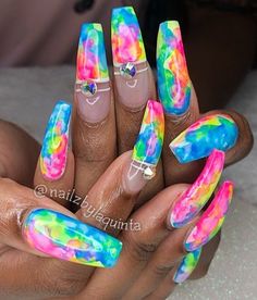 Rainbow Color Nails Acrylic, Rainbow Watercolor Nails, Tie Dye Nails Acrylic, Neon Colored Nails, Rainbow Gel Nails, Ginger Nails, Summer Rainbow Nails, Lsd Nails, Crazy Summer Nails