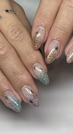 Starfall Acomaf Nails, New Years Nails Stars, Mirrorball Taylor Swift Nails, Taylor Swift Nails Bejeweled, Starcatcher Nails, Celestial Wedding Nails, January Nail Art Designs, Disney Theme Nails Design, Elven Nails