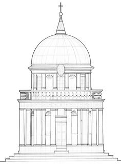 a drawing of a building with a cross on the top and two columns at the base