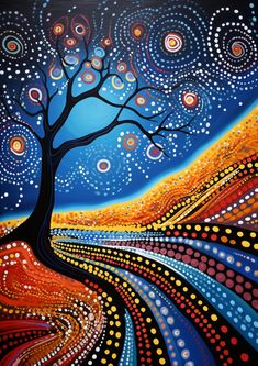 a painting of a tree with circles on it