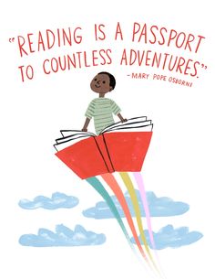 a child is flying through the air with a book in his hand and reading is a passport to countless adventures