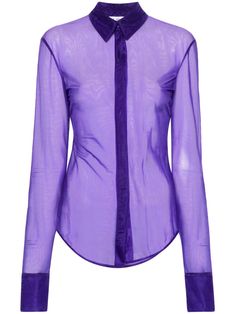 dark purple semi-sheer construction embroidered logo to the rear classic collar concealed front button fastening long sleeves buttoned cuffs curved hem Luxury Purple Collared Tops, Light Purple Button Up Shirt, Purple Button-up Top With Buttons, Fitted Purple Button-up Blouse, Purple Button-up Daywear Shirt, The Attico, Expensive Taste, Sheer Shirt, Versace Outfit