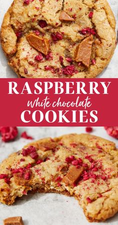 raspberry white chocolate cookies are cut in half and stacked on top of each other