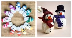 there are two pictures one is knitted and the other has snowmen