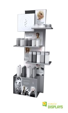 a display case for cosmetics and hair products with an image of a woman's face