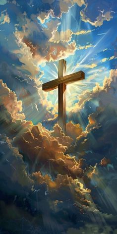 a painting of a cross in the sky with clouds and sun rays coming through it