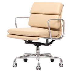 an office chair with chrome legs and beige upholstered leather seat, viewed from the front