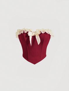 Burdeos Casual Collar sin mangas Tela tejida Color combinado  Embellished Elástico Ligero Hanky Hem Top, Strapless Bustier, Top Shein, Hem Top, Bustier Top, Bustiers, Character Outfits, Ruffle Trim, Tube Top