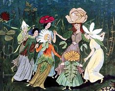 an image of four women dancing in the woods with flowers on their heads and wings