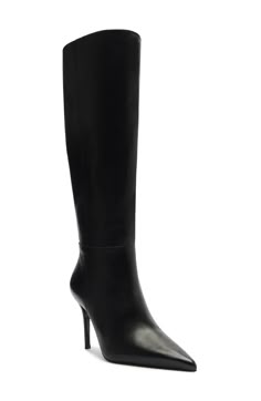 A pointy toe and stiletto heel balance a rich leather boot shaped in a knee-high silhouette for timeless appeal. 3 1/4" heel 14 3/4" shaft; 15 3/4" calf circumference Side zip closure with elastic gore inset Leather upper, lining and sole Made in Brazil Luxury Boots, Black High Heel Boots, High Heeled Boots, Couple Games, Tour Outfits, Fun Couple, Leather Boot, Boots Outfit, High Heel Boots