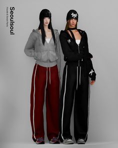 two young women standing next to each other wearing black and grey hoodies, sweatpants, and matching hats