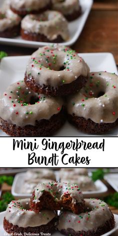 mini gingerbread bundt cakes with frosting and sprinkles on white plates