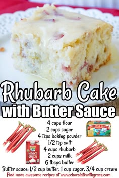 an advertisement for rhubarb cake with butter sauce on a white plate and red napkin