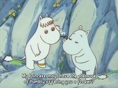 two white cats standing next to each other in front of a rock formation with the caption, my princess, may have the pleasure of humbly offering you a flower?