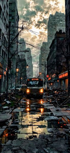 a bus driving down a street next to tall buildings with puddles on the ground