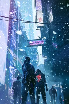 some people are standing in the snow on a city street with buildings and neon signs