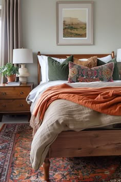 Anthro Home Style, Bedroom Bedding Inspirations, California Casual Interior Design Bedroom, Bold Bedding Ideas, Guest Bedroom Ideas Cozy Modern Relaxing, Bedroom Inspirations Colourful, Modern Cowboy Bedroom, Bedroom Rug Placement Bed Against Wall, Warm Boho Bedroom