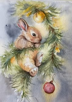 a watercolor painting of a bunny in a christmas tree