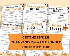 thanksgiving trivia game bundle with the words, get the entire thanksgiving game bundle link in description