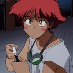 an anime character with red hair and headphones holding a bottle in her hand while looking at the camera