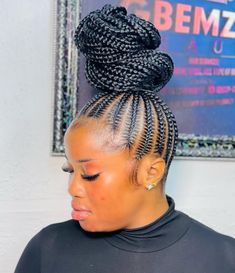 Stitch Braids with High Bun on Long Black Hair Feed In Braids Ponytail, Stitch Braid, Braids Hairstyles Pictures, Cute Box Braids Hairstyles, Stitch Braids