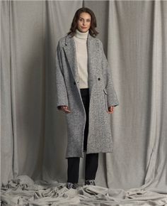 Sophie Donegal Tweed Oversized Coat in Grey & White Herringbone | Women's Tweed Coats Tweed Coats, Oversized Winter Coat, Childrens Scarf, Blazers For Men Casual, Donegal Tweed, Casual Blazer Women, Womens Tweed, White Herringbone, High Quality Clothing