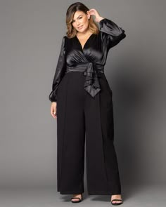 Refined Satin Jumpsuit in Onyx Mother Of The Bride Outfit Pants, Plus Size Formal Wear Pants, Plus Size Wedding Guest Outfit Pants, Black Pantsuit Women, Plus Size All Black Outfit, Mother Of The Bride Jumpsuit, Plus Size Formal Wear, Debut Party, Jumpsuit And Cardigan