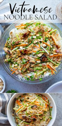 a bowl filled with noodles and vegetables on top of a table next to other dishes