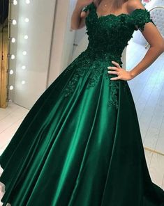 Dark Green Ball Gown, Green Ball Gown, Black Lace Prom Dress, Off Shoulder Ball Gown, School Dance Dresses, Cheap Prom Dresses Long, Satin Evening Dresses, فستان سهرة, Gown Prom