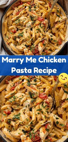 two plates filled with pasta and chicken on top of each other, next to the words marry me chicken pasta recipe