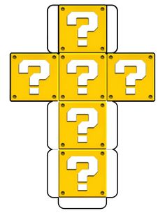 four yellow and white signs with question marks on them, all in the same direction