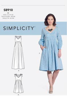 a woman in a dress and sandals standing next to the sewing pattern for simpl city