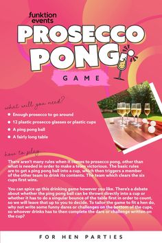 a flyer for an event with wine glasses on it and the words proseco pong game