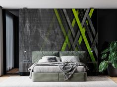 a modern bedroom with black and green wallpaper