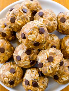 a white plate filled with cookies and chocolate chips