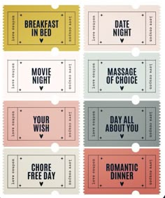 four different movie tickets with the words'breakfast in bed'and'marriage of choice '