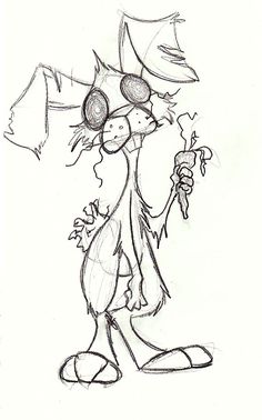 a drawing of a cartoon character holding a flower in one hand and an umbrella in the other