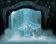 an illustration of a woman standing in front of a window with snowflakes on it