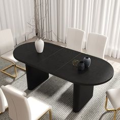 a black table with white chairs around it