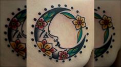 three different pictures of the same woman's breast with flowers and crescent on it