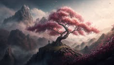 a painting of a tree on top of a mountain with pink flowers in the foreground