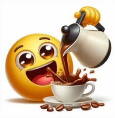 an emoticive smiley face pouring coffee into a cup with its mouth open and eyes wide open