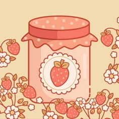 a jar with strawberries on it surrounded by flowers and daisies, is shown