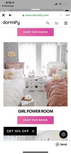 a bed room with pink and white decor on the wall next to it is an ad for