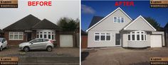 before and after photos of a house being remodeled with new windows, doors and shutters