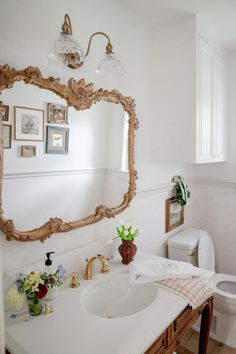 Powder Bathroom - Gold Mirror - Wood Vanity Beadboard Trim, Texas Interior Design, Barn Bathroom, Bathroom Gold, Red Paint Colors, Rockwall Texas, Parlor Room, Powder Bathroom, Family Room Makeover