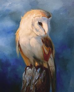 a painting of an owl sitting on top of a tree stump