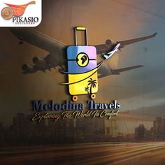 the logo for melodina travels featuring an airplane and luggage bag with palm trees on it